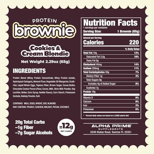 Prime Bites Protein Brownie from Alpha Prime Supplements | High Protein, Collagen Fortified Low Sugar Treat | Delicious Snack | 12 Bars per Box