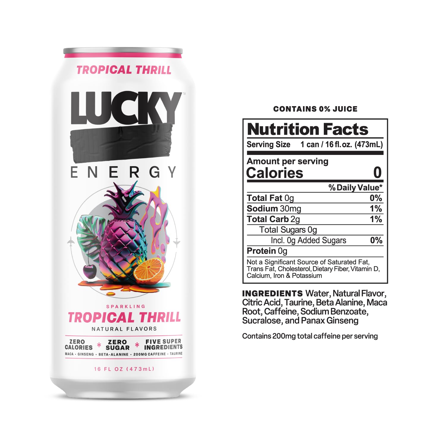Lucky Energy Sugar Free Energy Drinks 19.2 Fl Oz Cans, Assorted Flavors, Zero Aftertaste, With Maca, Ginseng, Taurine, Beta-Alanine, 200mg Caffeine
