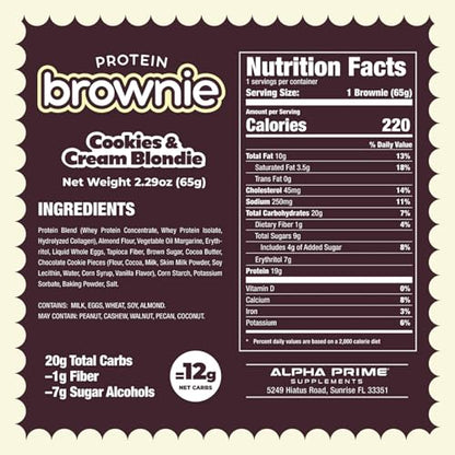 Prime Bites Protein Brownie from Alpha Prime Supplements | High Protein, Collagen Fortified Low Sugar Treat | Delicious Snack | 12 Bars per Box