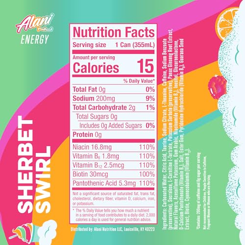 Alani Nu SHERBET SWIRL Sugar Free, Low Calorie Energy Drinks, 200mg Caffeine, Biotin B Vitamins, Zero Sugar, 10 Calories, 12 Fl Oz Cans, 12 Pack