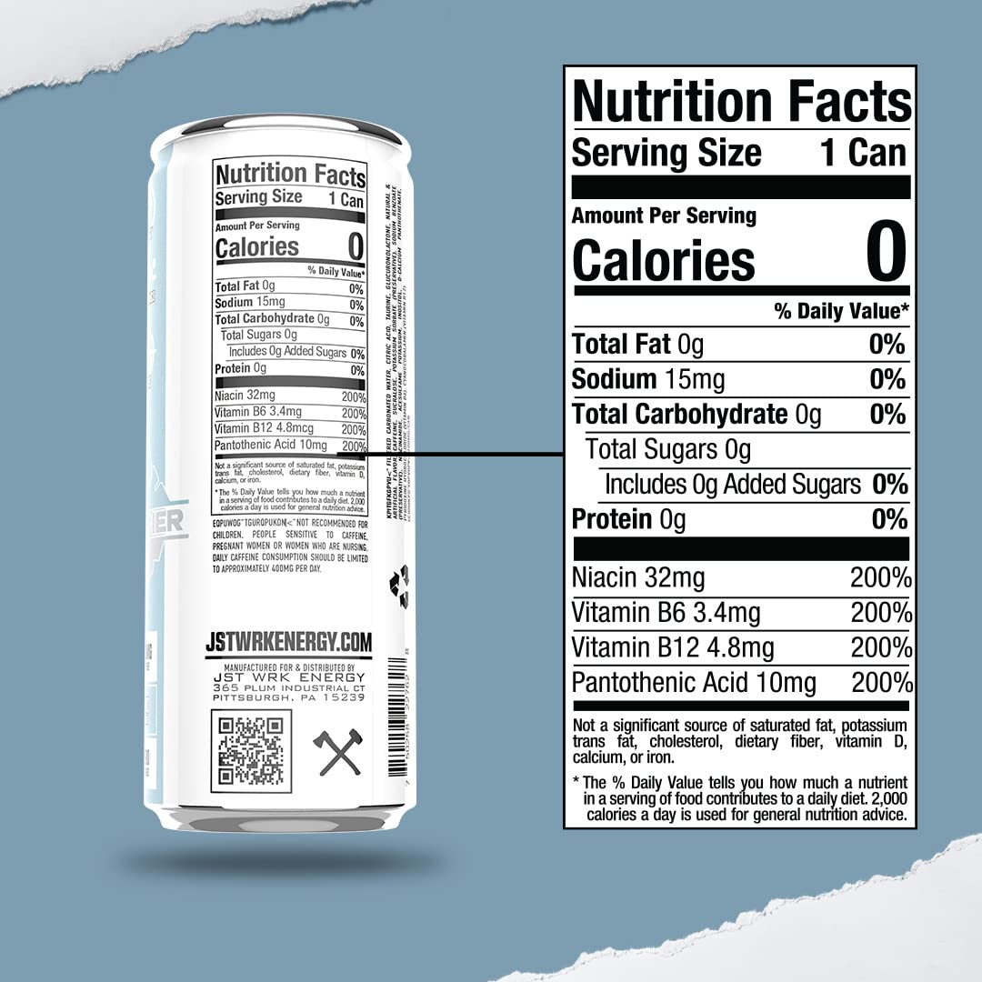JST WRK Energy Drink - 12-Pack, Sugar-Free, Zero Calories, No Sugar Alcohols, 12 Fl Oz., 200 milligrams Caffeine