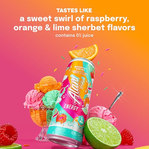 Alani Nu SHERBET SWIRL Sugar Free, Low Calorie Energy Drinks, 200mg Caffeine, Biotin B Vitamins, Zero Sugar, 10 Calories, 12 Fl Oz Cans, 12 Pack