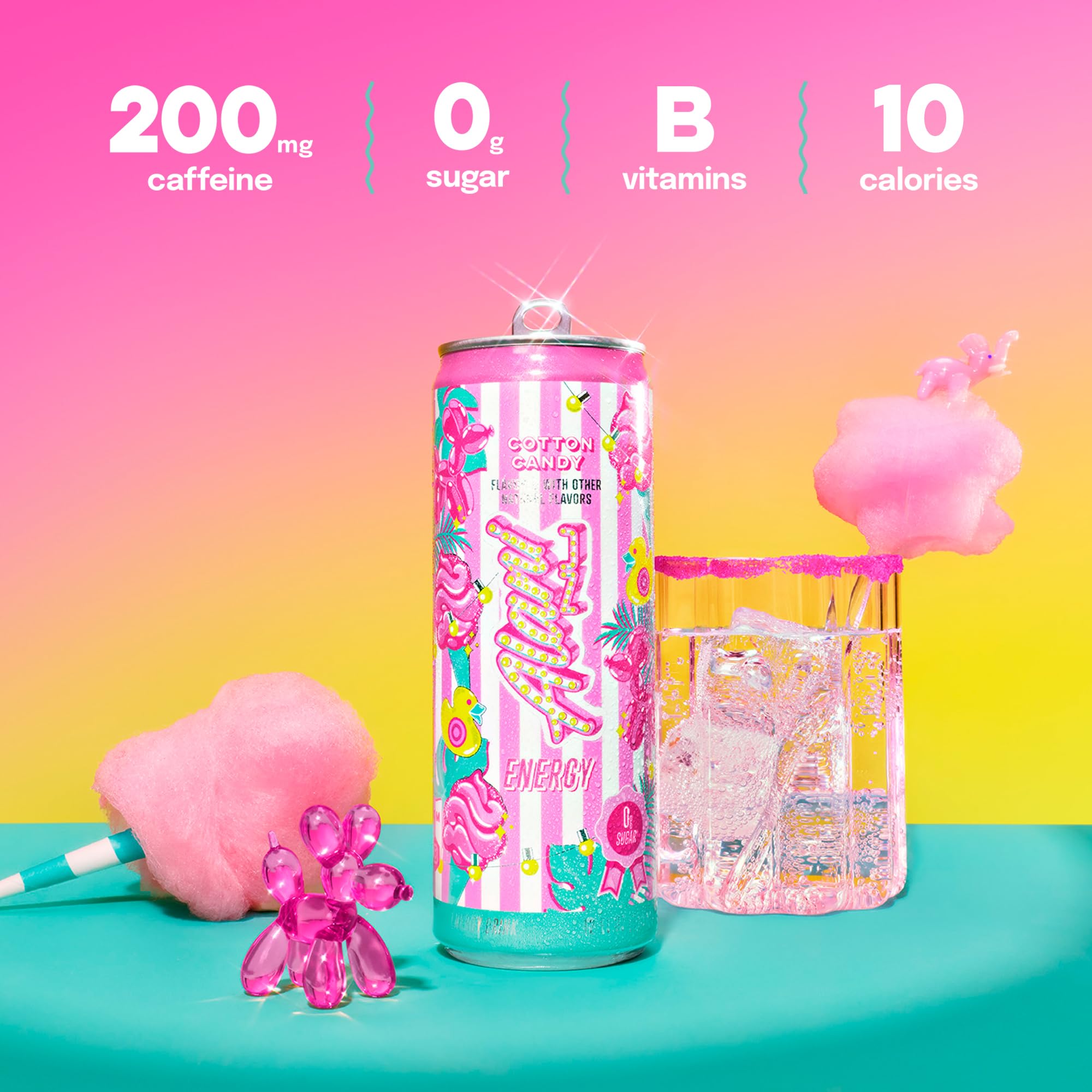 Alani Nu COTTON CANDY, Sugar Free, Low Calorie Energy Drinks, 200mg Caffeine, Biotin, B Vitamins, Zero Sugar, 10 Calories, 12 Fl Oz Cans, 12 Pack