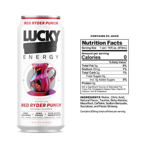 Lucky Energy Sugar Free Energy Drinks 19.2 Fl Oz Cans, Assorted Flavors, Zero Aftertaste, With Maca, Ginseng, Taurine, Beta-Alanine, 200mg Caffeine