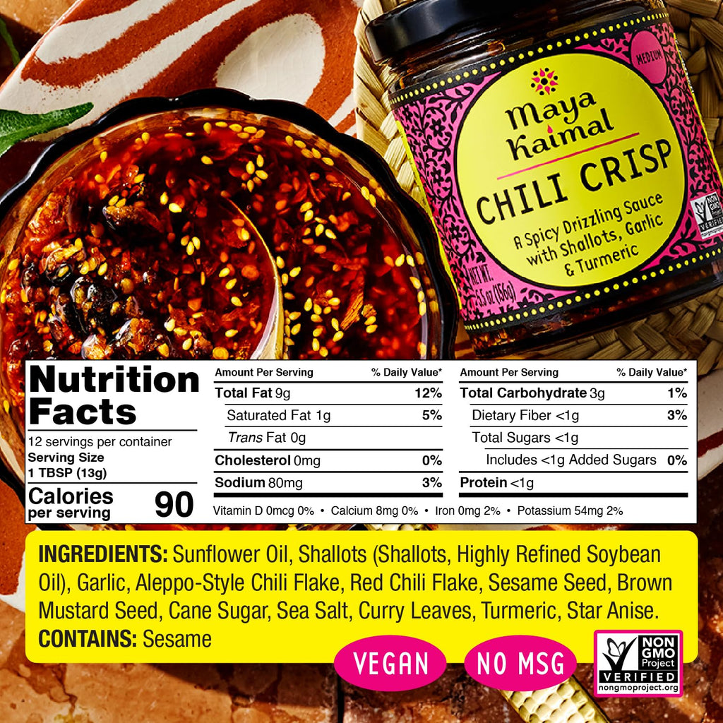 Maya Kaimal Chili Crisp, Medium Heat - Indian Tarka-Style Oil with Fried Garlic, Shallots & Chili Flakes - Pan-Asian Condiment for Noodles, Rice, Eggs & More - 5.5 oz Jar