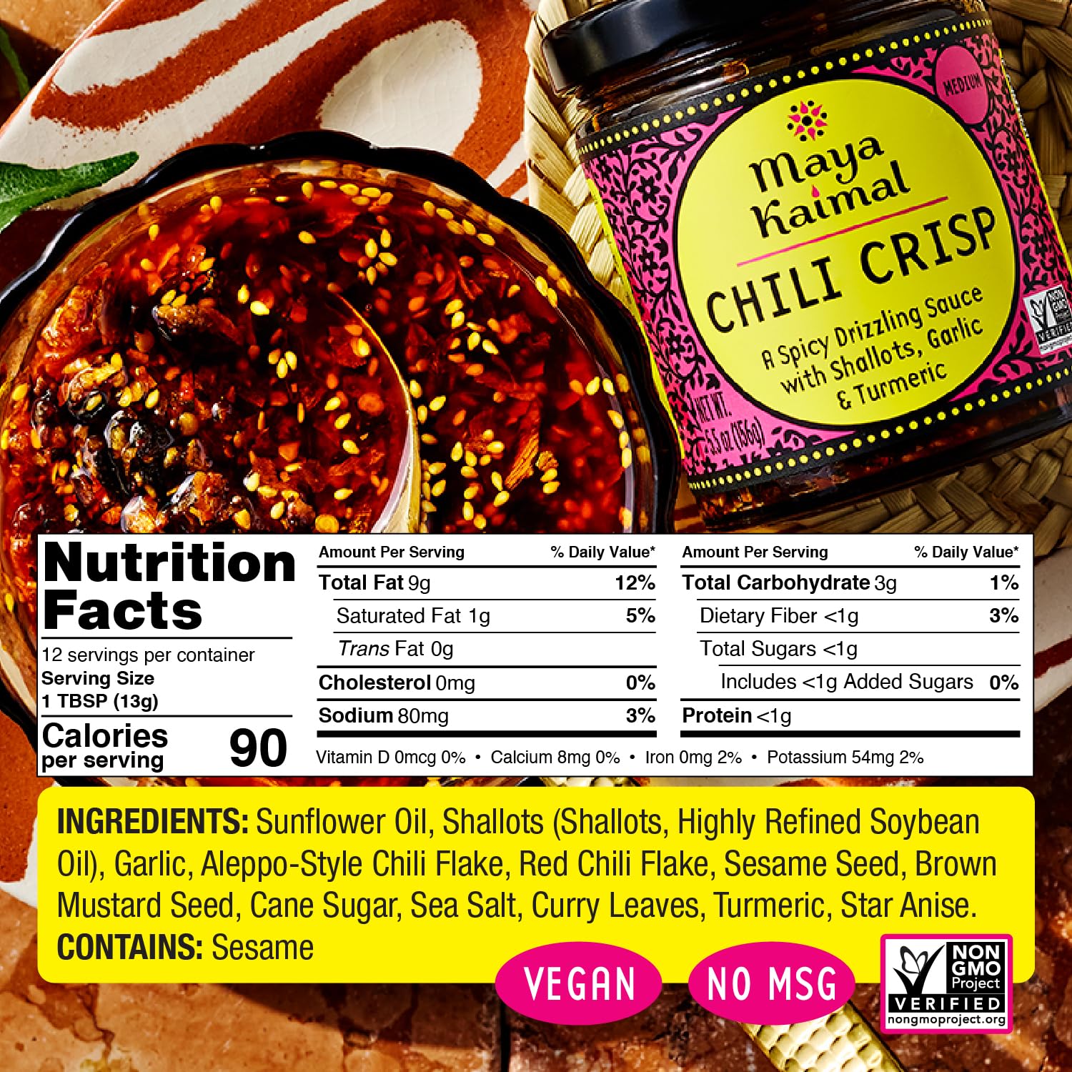 Maya Kaimal Chili Crisp, Medium Heat - Indian Tarka-Style Oil with Fried Garlic, Shallots & Chili Flakes - Pan-Asian Condiment for Noodles, Rice, Eggs & More - 5.5 oz Jar