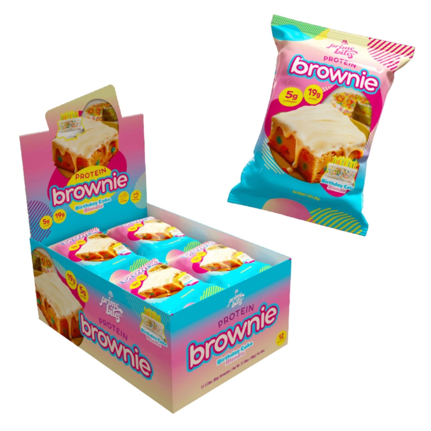 Prime Bites Protein Brownie from Alpha Prime Supplements | High Protein, Collagen Fortified Low Sugar Treat | Delicious Snack | 12 Bars per Box (Birthday Cake Blondie)