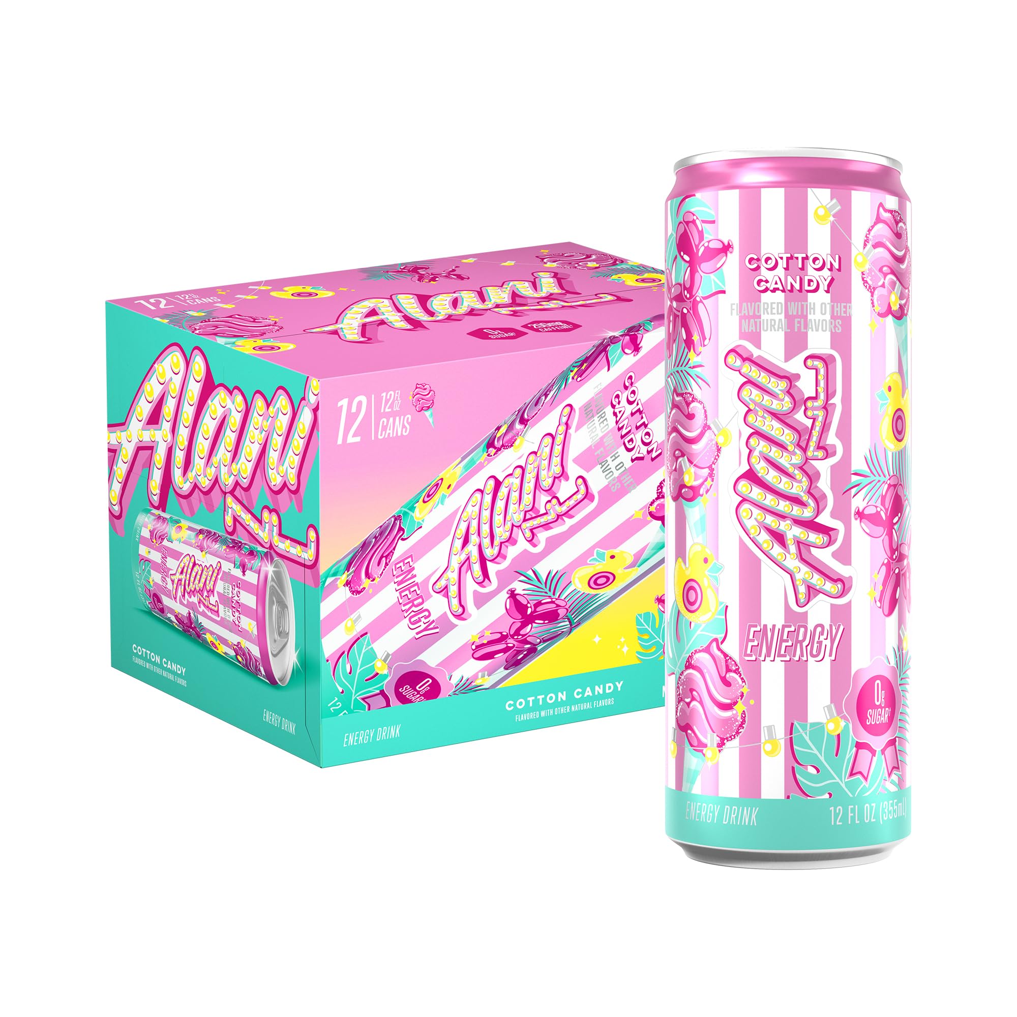 Alani Nu COTTON CANDY, Sugar Free, Low Calorie Energy Drinks, 200mg Caffeine, Biotin, B Vitamins, Zero Sugar, 10 Calories, 12 Fl Oz Cans, 12 Pack