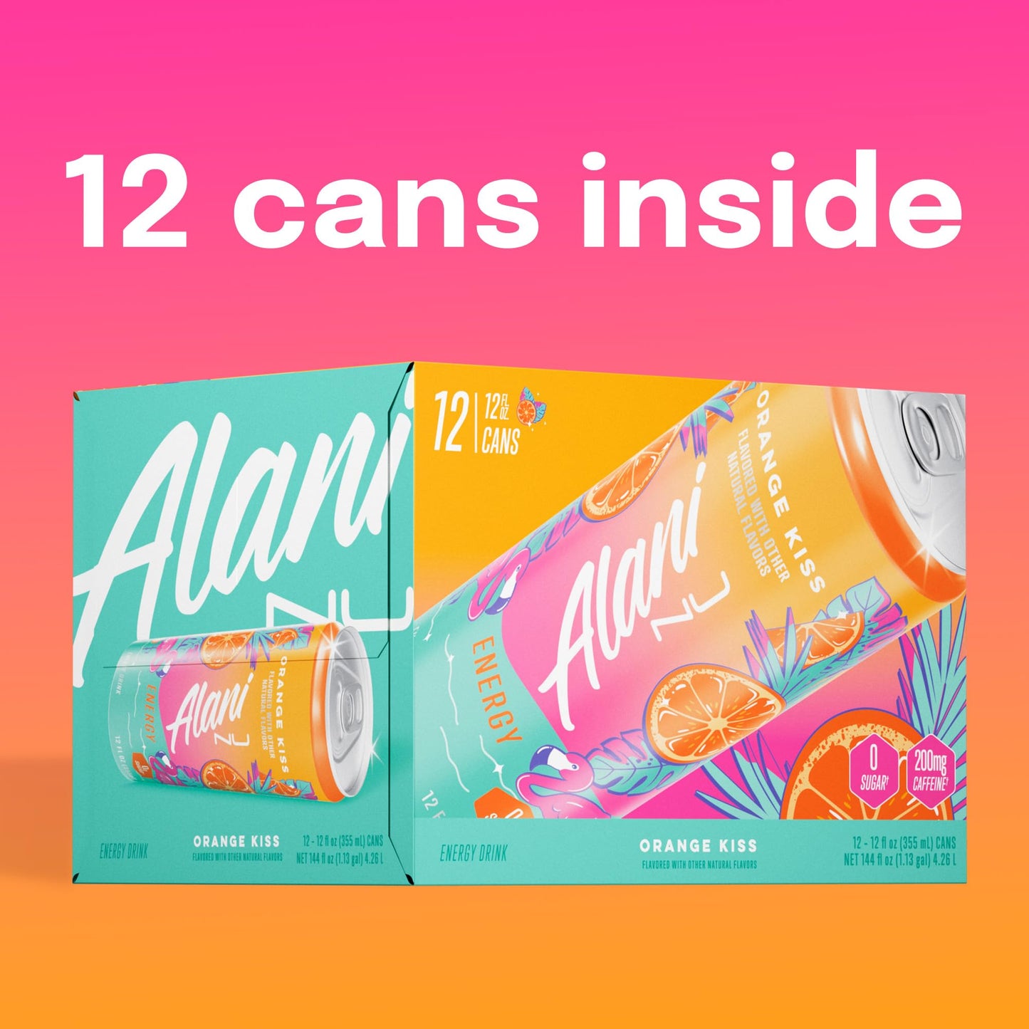 Alani Nu ORANGE KISS Ice Sugar Free, Low Calorie Energy Drinks | 200mg Caffeine | Antioxidants | Biotin, B Vitamins | Zero Sugar | 15 Calories or Less | 12 Oz Cans | 24 Count