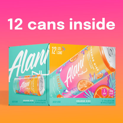 Alani Nu ORANGE KISS Ice Sugar Free, Low Calorie Energy Drinks | 200mg Caffeine | Antioxidants | Biotin, B Vitamins | Zero Sugar | 15 Calories or Less | 12 Oz Cans | 24 Count