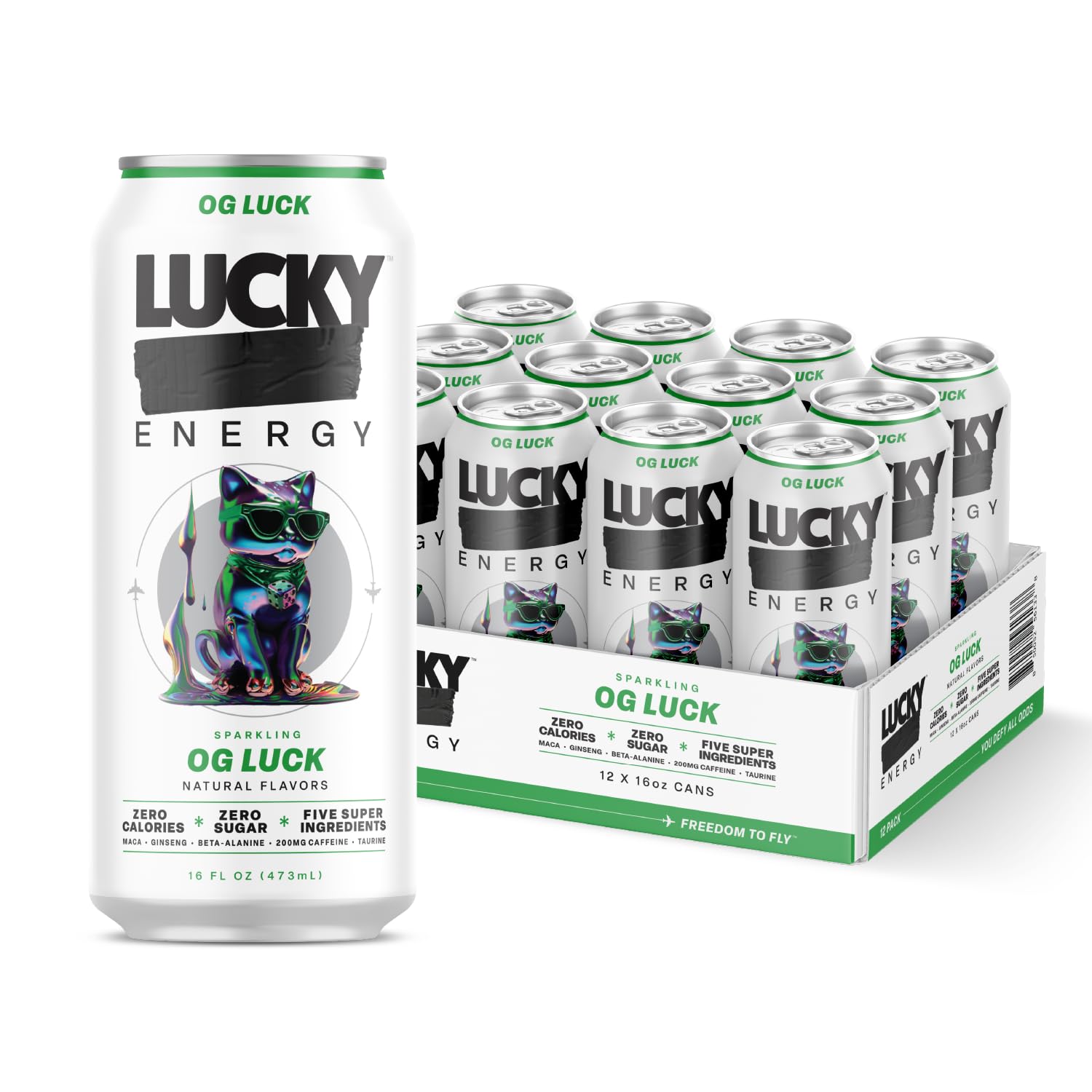 Lucky Energy Sugar Free Energy Drinks 19.2 Fl Oz Cans, Assorted Flavors, Zero Aftertaste, With Maca, Ginseng, Taurine, Beta-Alanine, 200mg Caffeine