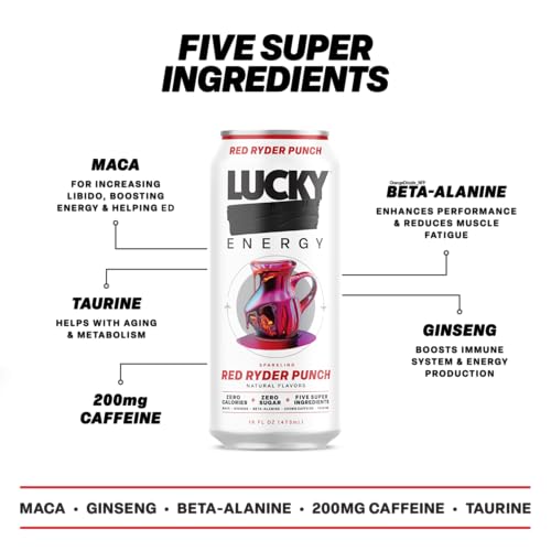 Lucky Energy Sugar Free Energy Drinks 19.2 Fl Oz Cans, Assorted Flavors, Zero Aftertaste, With Maca, Ginseng, Taurine, Beta-Alanine, 200mg Caffeine