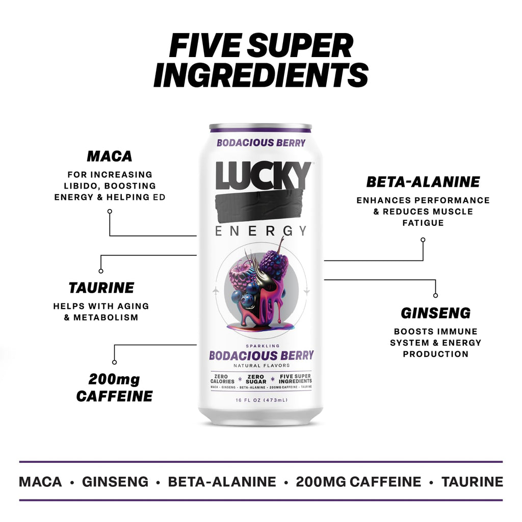 Lucky Energy Sugar Free Energy Drinks 19.2 Fl Oz Cans, Assorted Flavors, Zero Aftertaste, With Maca, Ginseng, Taurine, Beta-Alanine, 200mg Caffeine