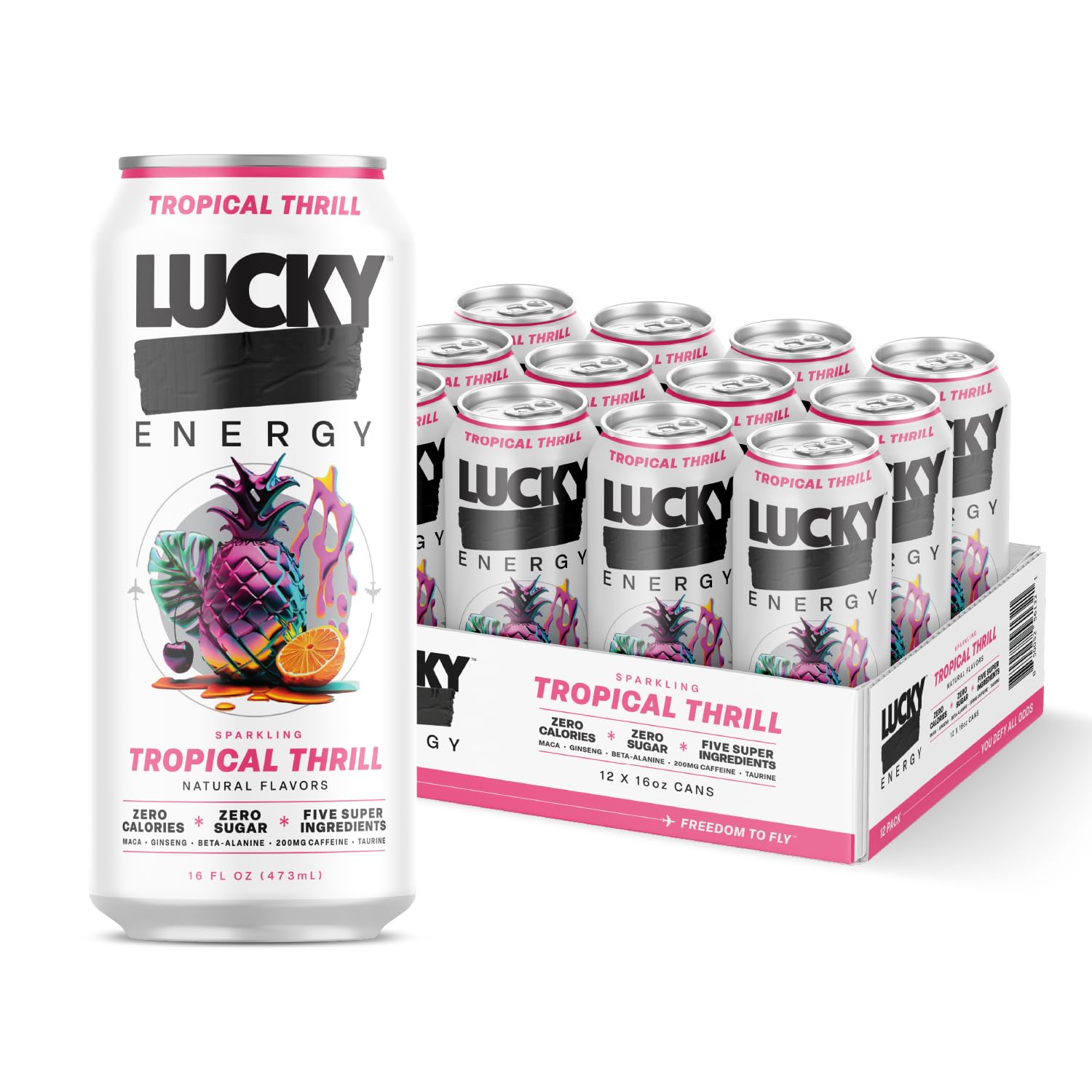 Lucky Energy Sugar Free Energy Drinks 19.2 Fl Oz Cans, Assorted Flavors, Zero Aftertaste, With Maca, Ginseng, Taurine, Beta-Alanine, 200mg Caffeine