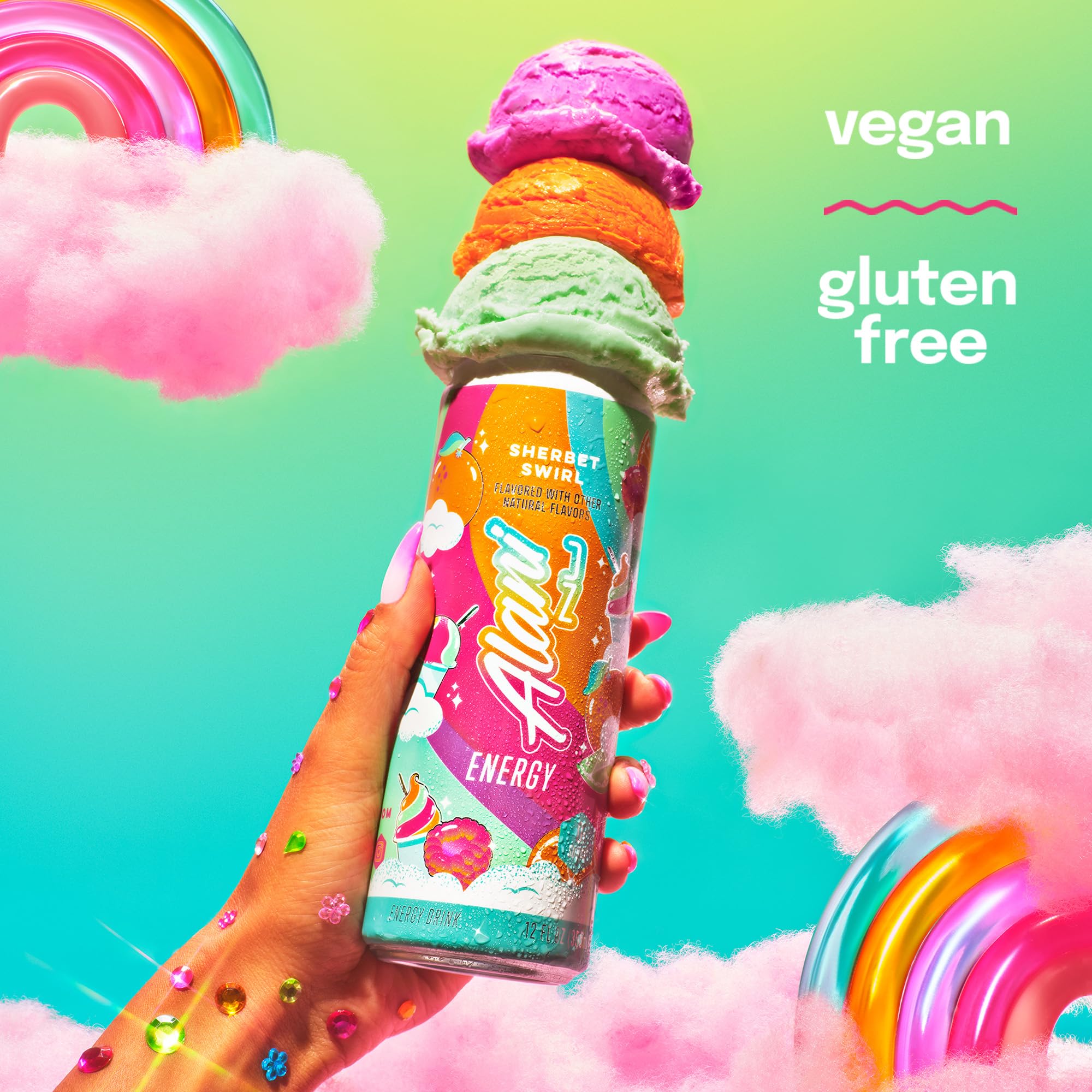 Alani Nu SHERBET SWIRL Sugar Free, Low Calorie Energy Drinks, 200mg Caffeine, Biotin B Vitamins, Zero Sugar, 10 Calories, 12 Fl Oz Cans, 12 Pack