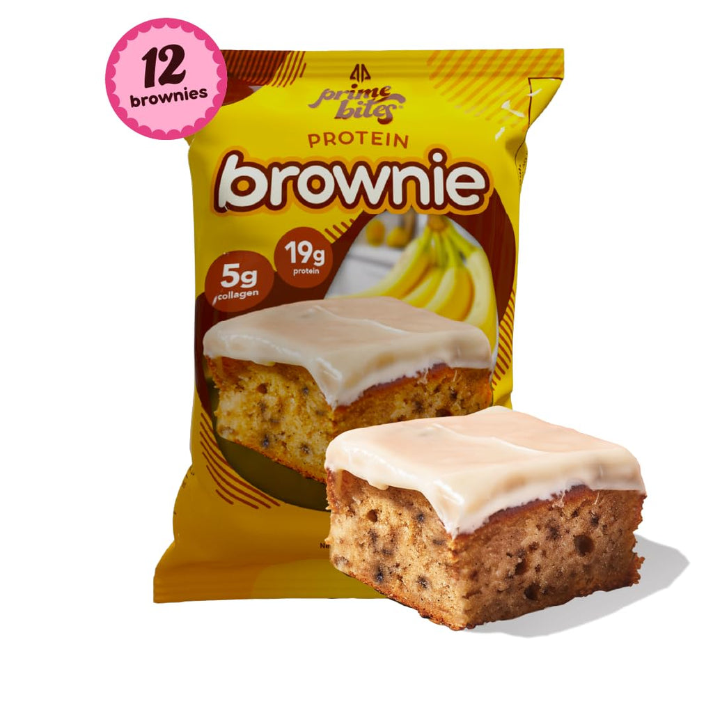 Prime Bites High Protein Brownie (12 Per Box, Banana Nut) - 19g of Protein, 5g of Collagen, Gluten Free, Low Sugar Treat, Delicious Protein Snack