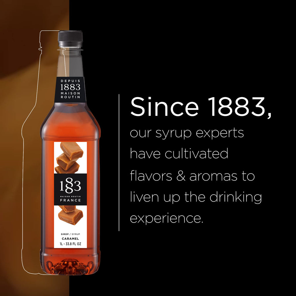 1883 Caramel Syrup - Flavored Syrup for Hot & Iced Beverages, Rich, Full-Bodied Taste, All-Natural - Gluten-Free, Vegan, Non-GMO, Kosher, Preservative-Free, Made in France | Plastic Bottle 1 Liter (33.8 Fl Oz)