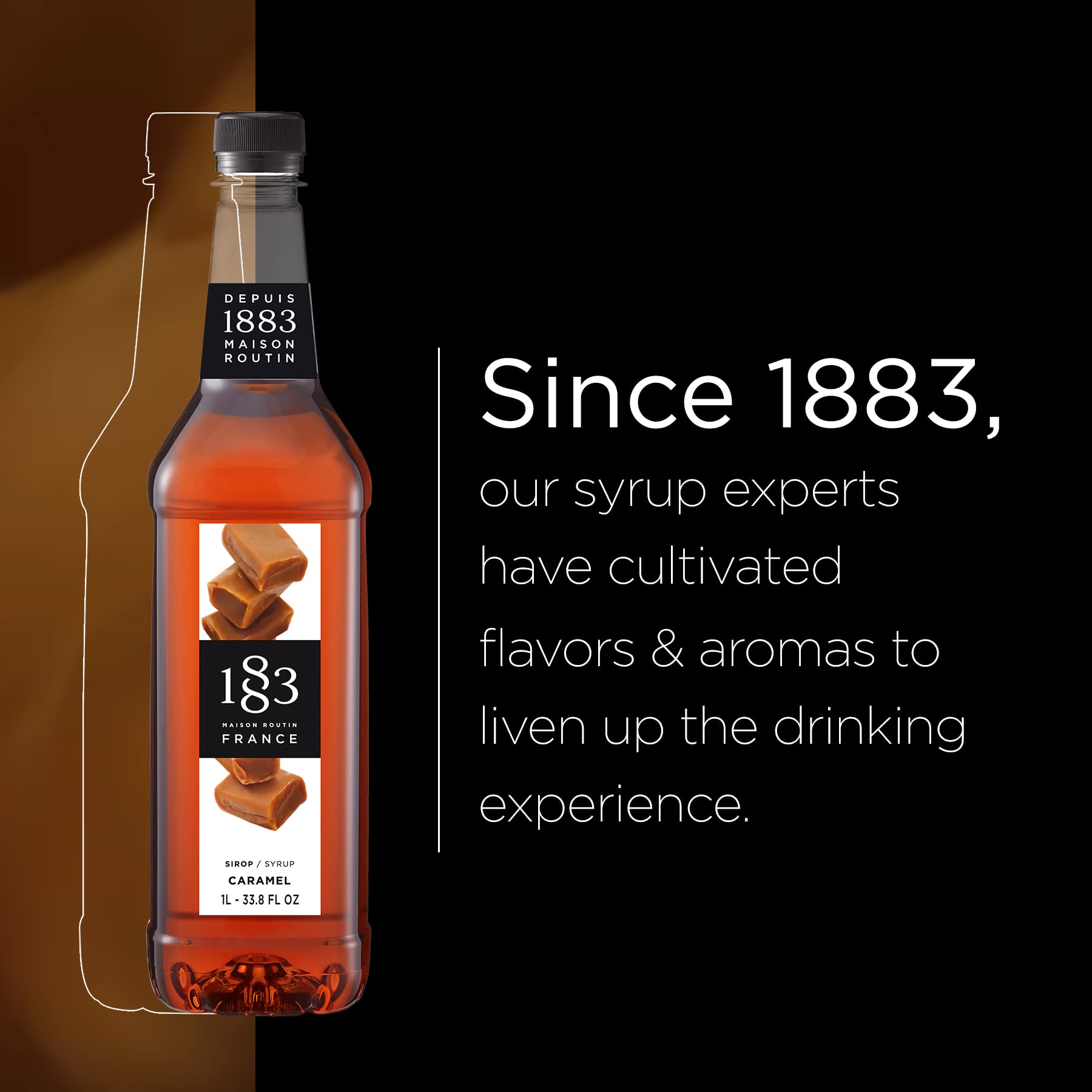 1883 Caramel Syrup - Flavored Syrup for Hot & Iced Beverages, Rich, Full-Bodied Taste, All-Natural - Gluten-Free, Vegan, Non-GMO, Kosher, Preservative-Free, Made in France | Plastic Bottle 1 Liter (33.8 Fl Oz)