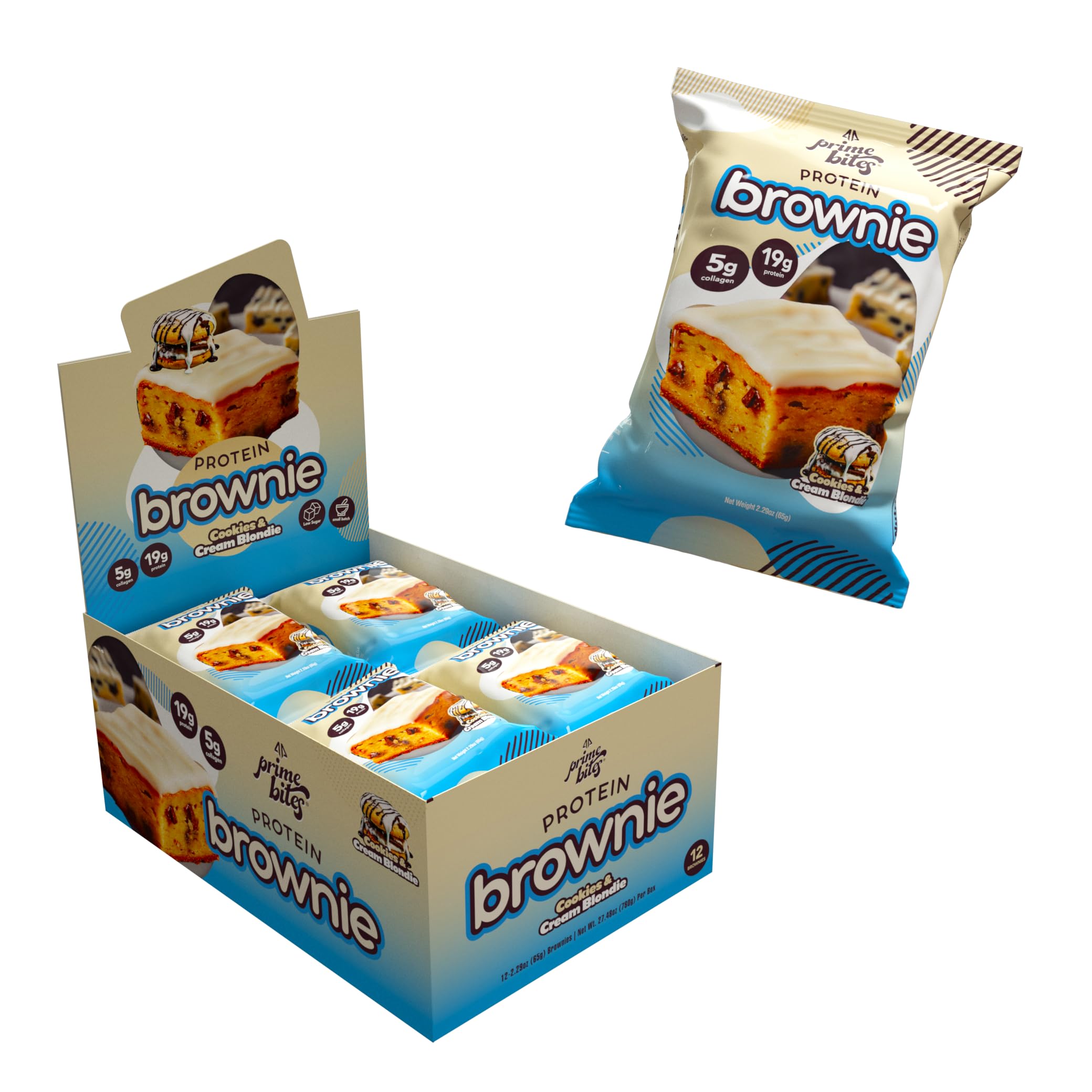 Prime Bites Protein Brownie from Alpha Prime Supplements | High Protein, Collagen Fortified Low Sugar Treat | Delicious Snack | 12 Bars per Box