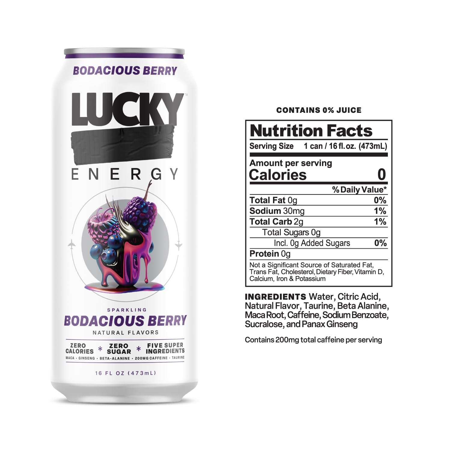 Lucky Energy Sugar Free Energy Drinks 19.2 Fl Oz Cans, Assorted Flavors, Zero Aftertaste, With Maca, Ginseng, Taurine, Beta-Alanine, 200mg Caffeine