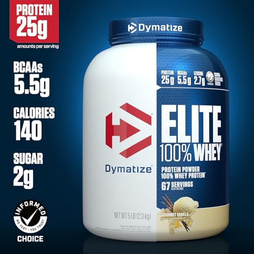 Dymatize Elite 100% Whey Protein Powder, 25g Protein, 5.5g BCAAs & 2.7g L-Leucine, Quick Absorbing & Fast Digesting for Optimal Muscle'