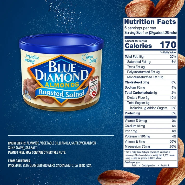 Blue Diamond Almonds Roasted Salted 6 oz. Canister