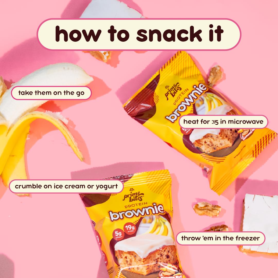 Prime Bites High Protein Brownie (12 Per Box, Banana Nut) - 19g of Protein, 5g of Collagen, Gluten Free, Low Sugar Treat, Delicious Protein Snack