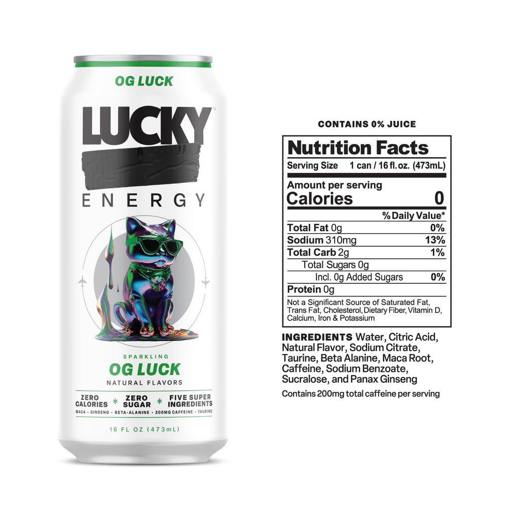 Lucky Energy Sugar Free Energy Drinks 19.2 Fl Oz Cans, Assorted Flavors, Zero Aftertaste, With Maca, Ginseng, Taurine, Beta-Alanine, 200mg Caffeine