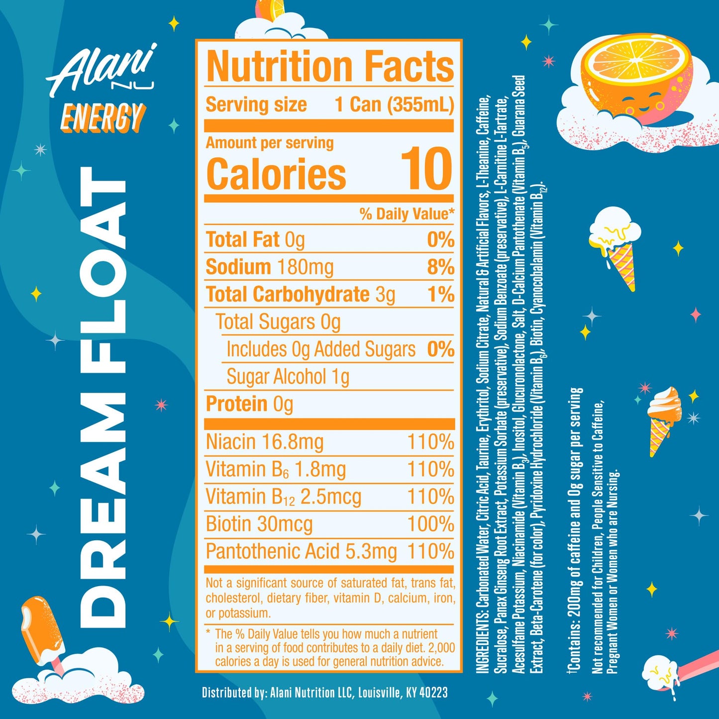 Alani Nu DREAM FLOAT Ice Sugar Free, Low Calorie Energy Drinks | 200mg Caffeine | Antioxidants | Biotin, B Vitamins | Zero Sugar | 15 Calories or Less | 12 Oz Cans | 24 Count