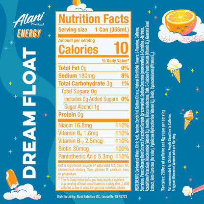 Alani Nu DREAM FLOAT Ice Sugar Free, Low Calorie Energy Drinks | 200mg Caffeine | Antioxidants | Biotin, B Vitamins | Zero Sugar | 15 Calories or Less | 12 Oz Cans | 24 Count