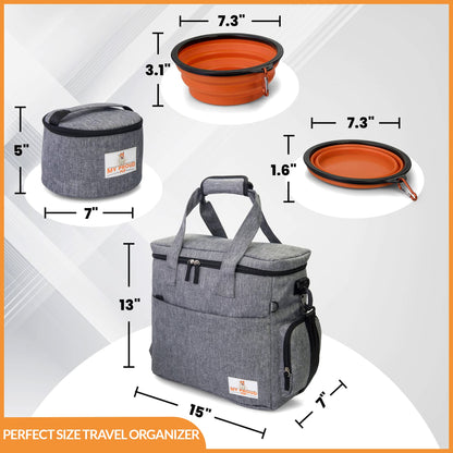 Dog Travel Bag for Supplies- Airline Approved Tote Organizer Includes Food Containers and Bowls - Complete Weekend Pet Travel Bag for Accessories