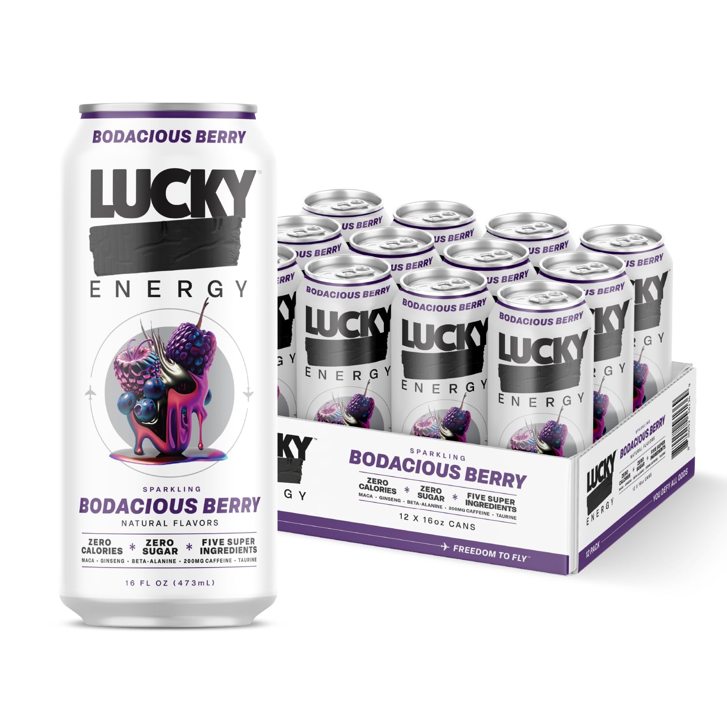 Lucky Energy Sugar Free Energy Drinks 19.2 Fl Oz Cans, Assorted Flavors, Zero Aftertaste, With Maca, Ginseng, Taurine, Beta-Alanine, 200mg Caffeine