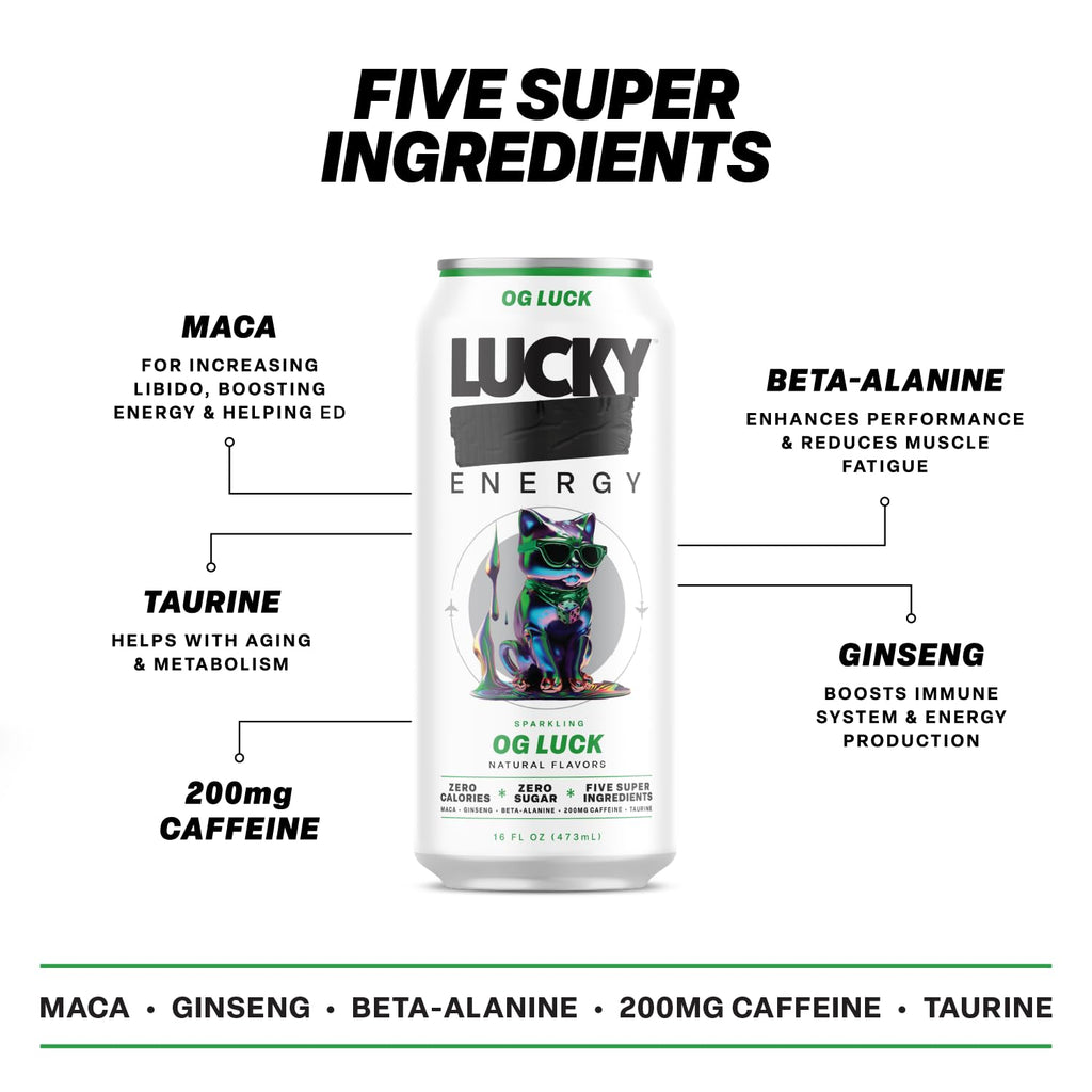Lucky Energy Sugar Free Energy Drinks 19.2 Fl Oz Cans, Assorted Flavors, Zero Aftertaste, With Maca, Ginseng, Taurine, Beta-Alanine, 200mg Caffeine