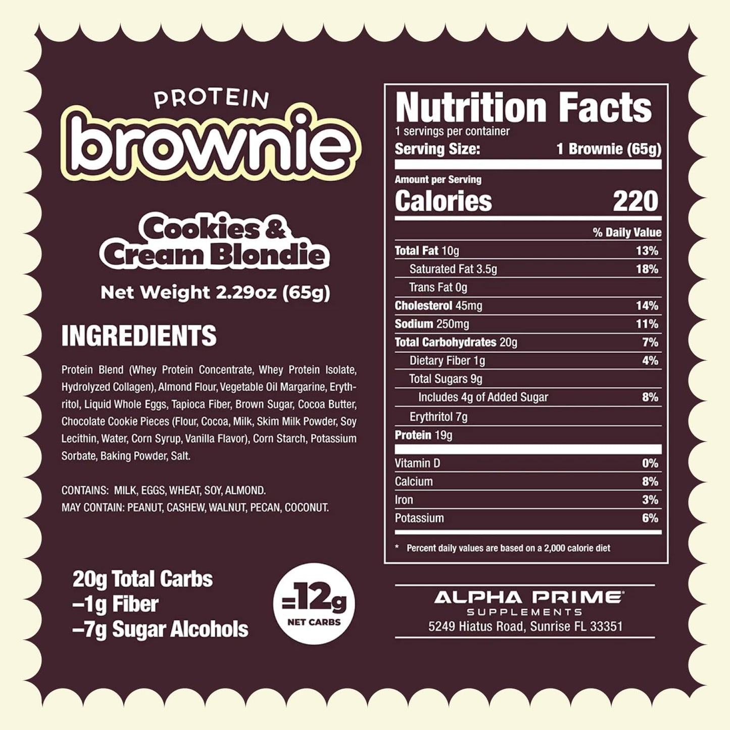 Prime Bites Protein Brownie from Alpha Prime Supplements | High Protein, Collagen Fortified Low Sugar Treat | Delicious Snack | 12 Bars per Box
