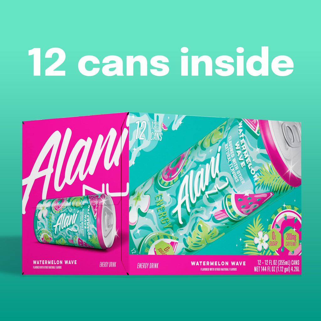 Alani Nu WATERMELON WAVE Ice Sugar Free, Low Calorie Energy Drinks | 200mg Caffeine | Antioxidants | Biotin, B Vitamins | Zero Sugar | 15 Calories or Less | 12 Oz Cans | 24 Count