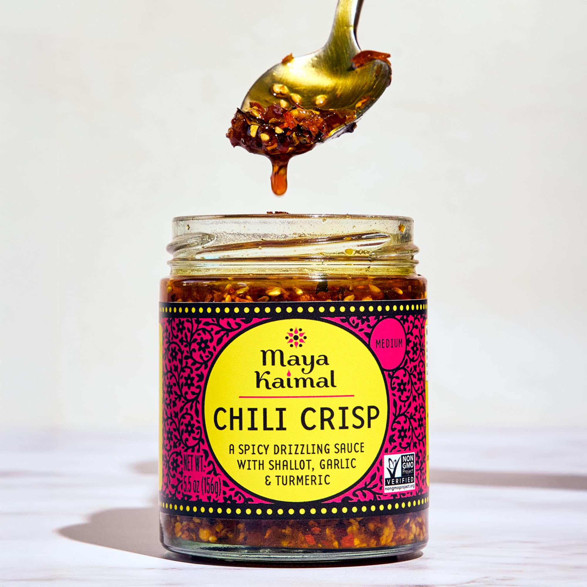 Maya Kaimal Chili Crisp, Medium Heat - Indian Tarka-Style Oil with Fried Garlic, Shallots & Chili Flakes - Pan-Asian Condiment for Noodles, Rice, Eggs & More - 5.5 oz Jar