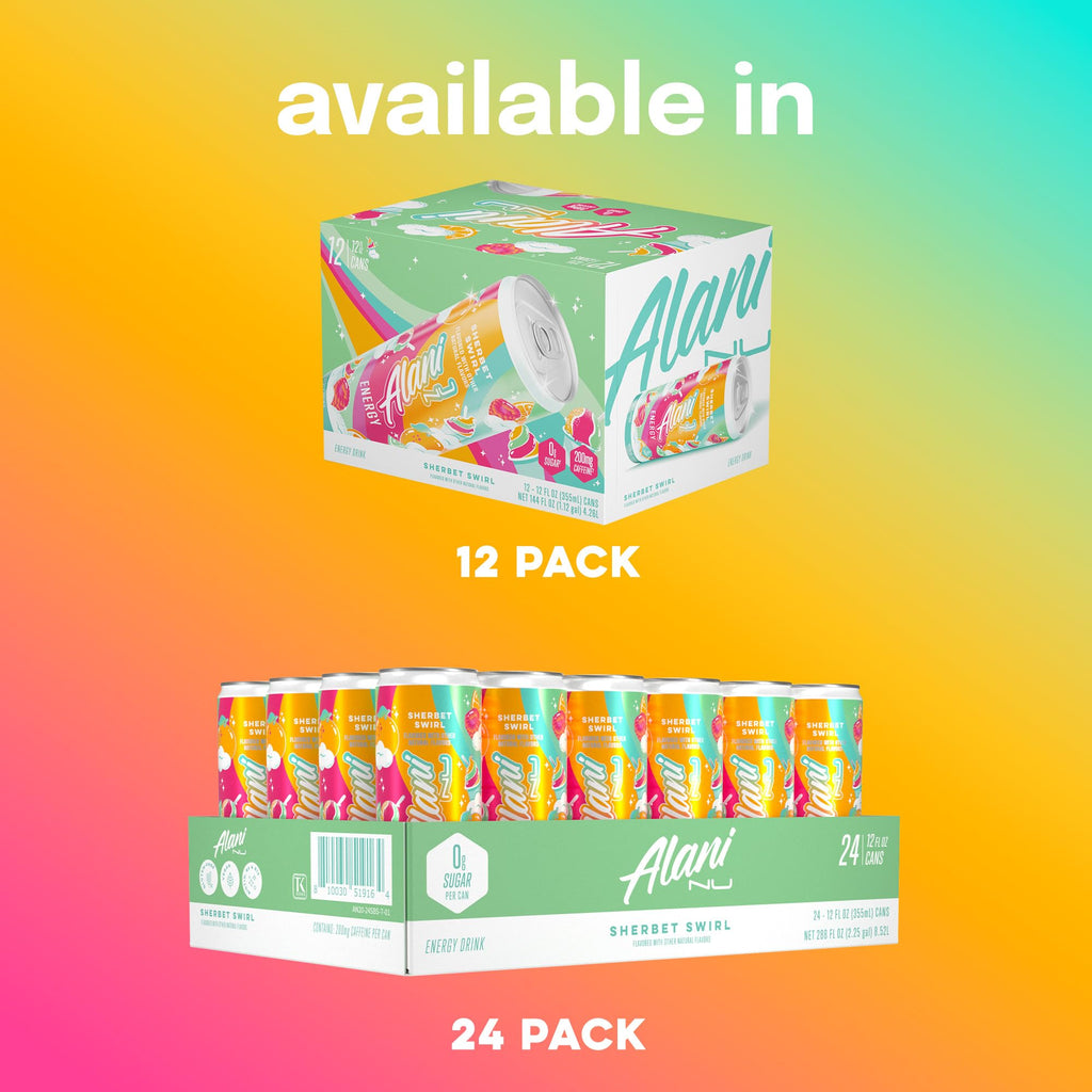Alani Nu SHERBET SWIRL Sugar Free, Low Calorie Energy Drinks, 200mg Caffeine, Biotin B Vitamins, Zero Sugar, 10 Calories, 12 Fl Oz Cans, 12 Pack