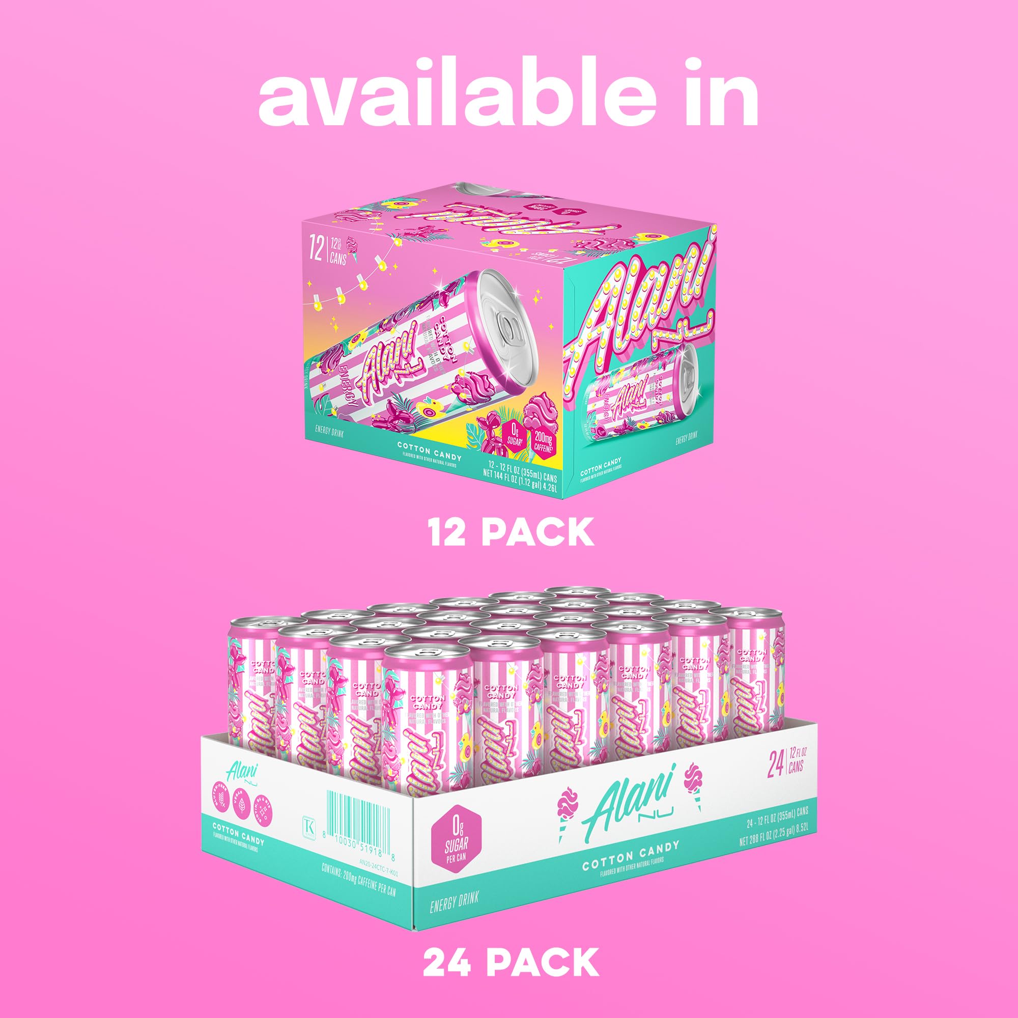 Alani Nu COTTON CANDY, Sugar Free, Low Calorie Energy Drinks, 200mg Caffeine, Biotin, B Vitamins, Zero Sugar, 10 Calories, 12 Fl Oz Cans, 12 Pack