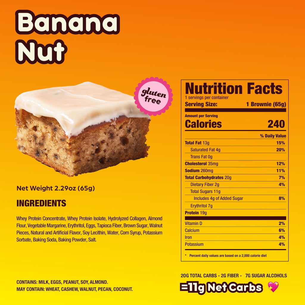 Prime Bites High Protein Brownie (12 Per Box, Banana Nut) - 19g of Protein, 5g of Collagen, Gluten Free, Low Sugar Treat, Delicious Protein Snack