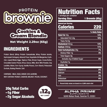 Prime Bites Protein Brownie from Alpha Prime Supplements | High Protein, Collagen Fortified Low Sugar Treat | Delicious Snack | 12 Bars per Box