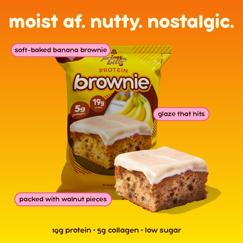 Prime Bites High Protein Brownie (12 Per Box, Banana Nut) - 19g of Protein, 5g of Collagen, Gluten Free, Low Sugar Treat, Delicious Protein Snack