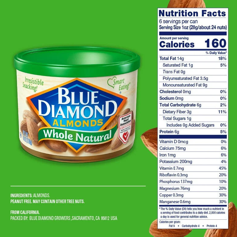 Blue Diamond Almonds Whole Natural Almonds, 6 oz, Metal Can